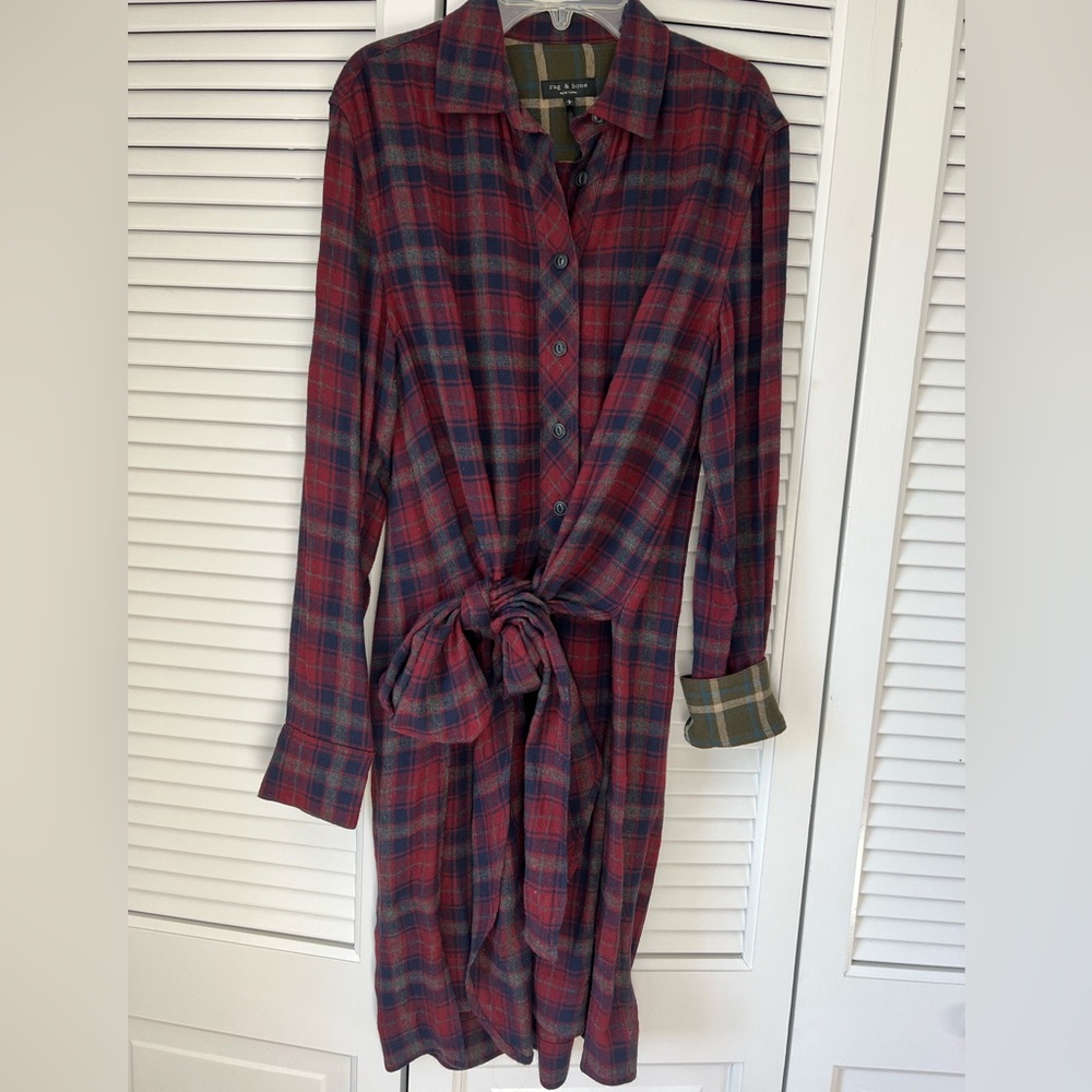 Rag & Bone Plaid Wool Tie Waist Shirt Dress